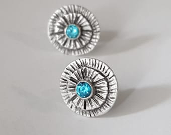 Silver Flower ear studs with green or light blue cubic zirconia, Handmade 925 Sterling Silver Jewelry, earrings for women, gifts for women