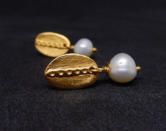 White pearl stud earrings. Minimalist matte gold studs. New fashion pearl earrings, a perfect gift for her.