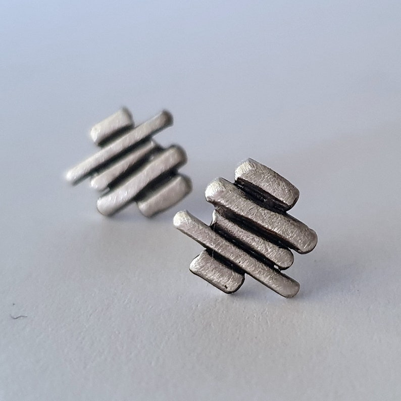 Silver stud earrings for men and woman. Contemporary geometric unisex earrings, gift for him image 2