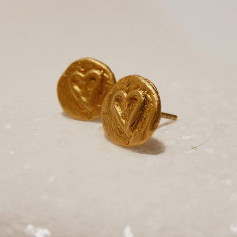 Carved heart earrings, Gold heart studs in sterling silver gold plated. Perfect Valentine's gift. image 6