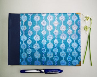 Hand-made painted notebook / journal / sketchbook / hardback / plain paper / A5 / blue notebook / abstract design / unique gift / landscape