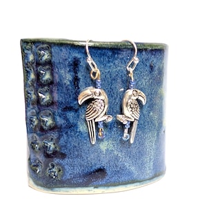 Silver Toucan Dangle Earrings, Sterling Silver Hooks, Tropical Bird Jewellery
