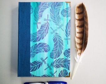 Hand-made printed notebook / journal / sketchbook / teal / hardback / lined paper / A5 / turquoise notebook/ feathers/ unique gift