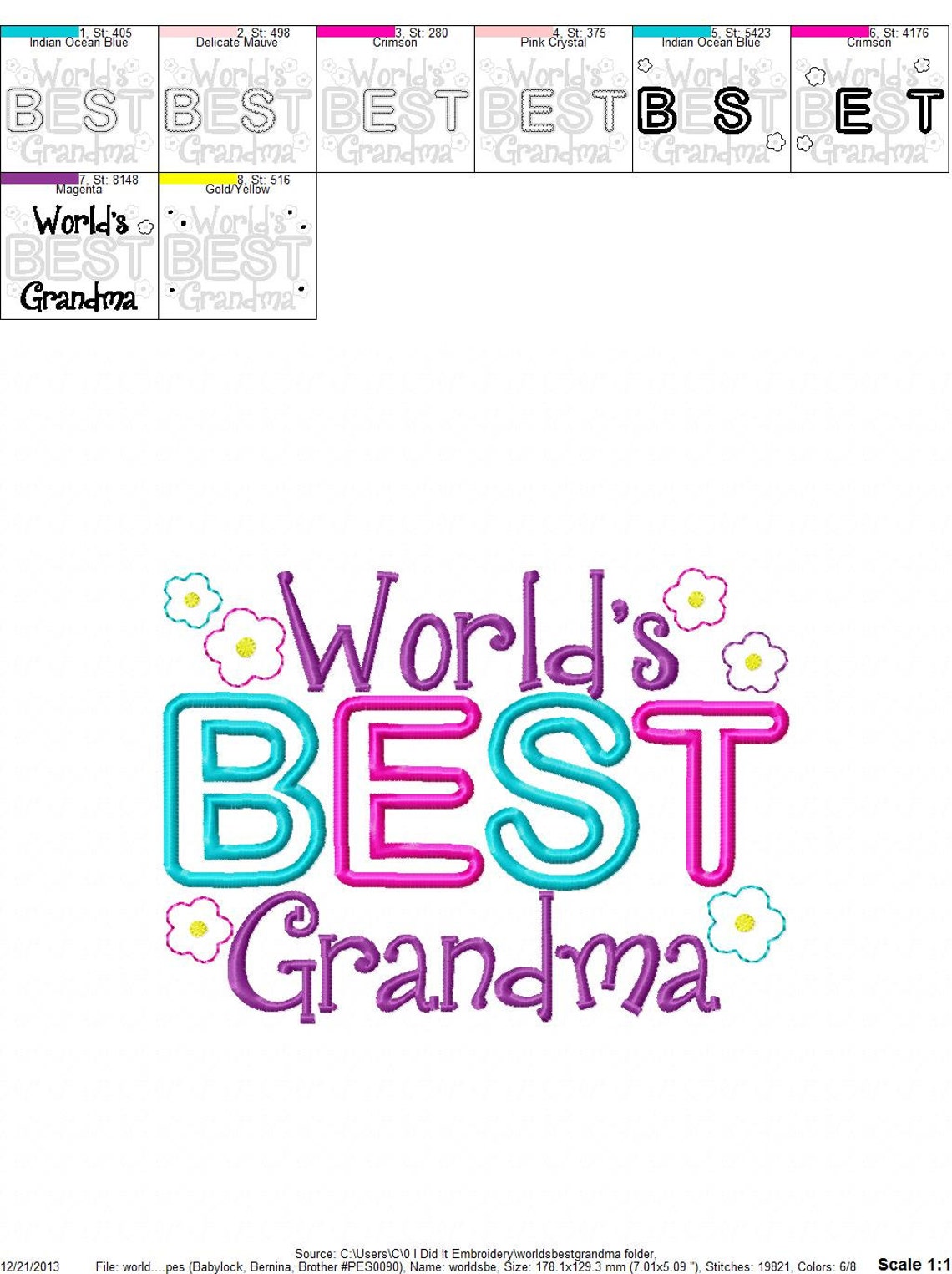Embroidery Design World's Best Grandma Applique Embroidery Etsy
