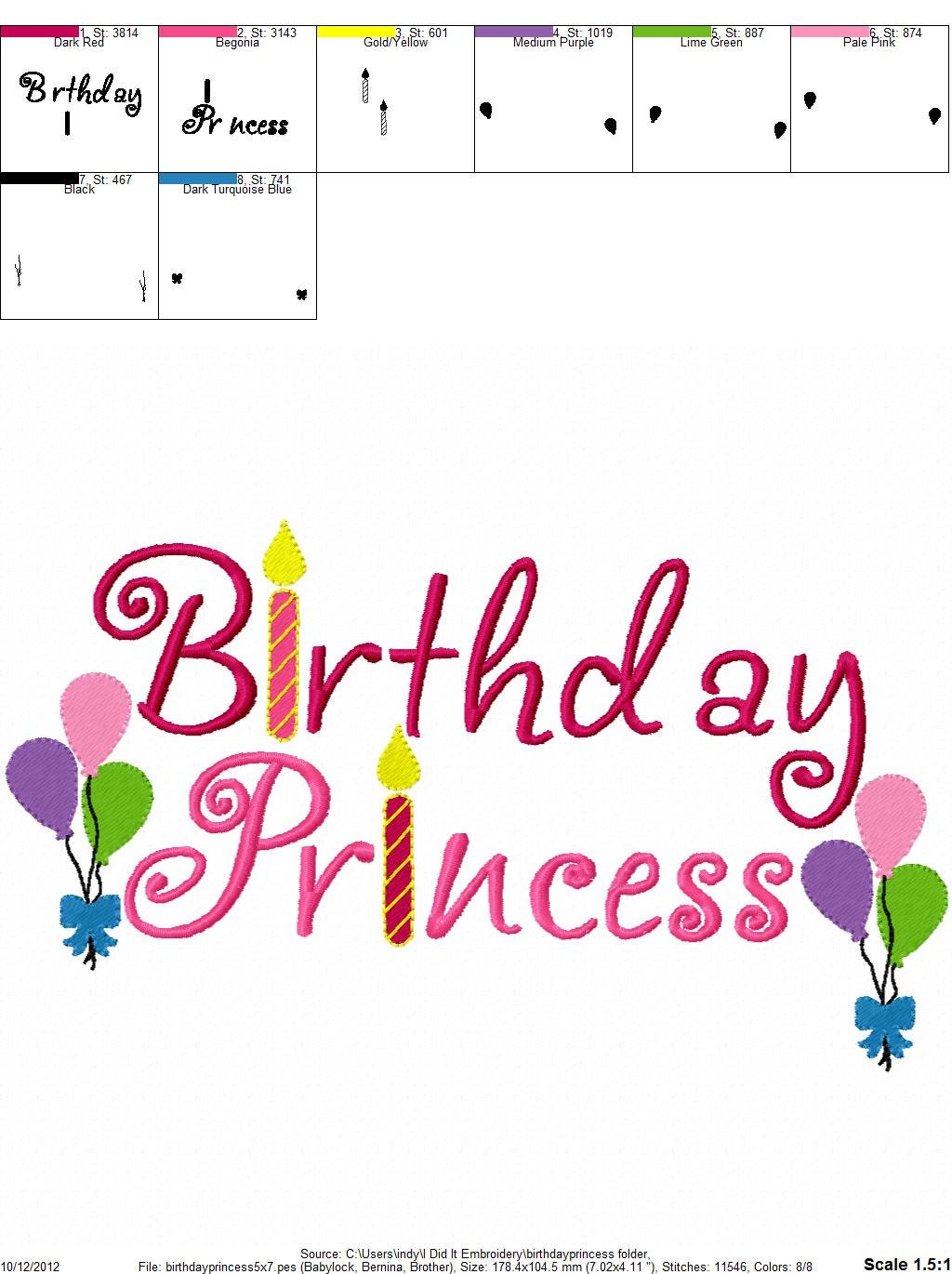 Birthday Girl Embroidery Design Birthday Princess in 4x4 5x7