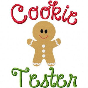 Puede incluir: Un hombre de jengibre con una cara sonriente y detalles de glaseado blanco se encuentra frente al texto "Cookie Tester" en letras rojas y verdes.