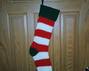 Handmade Red and White Striped Crochet Christmas Stocking
