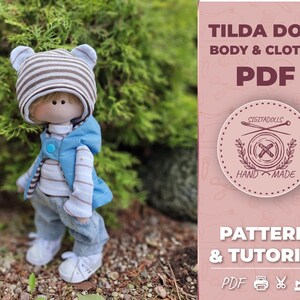 Bambola di pezza Tilda fai da te con jeans e canotta, modello PDF semplice e tutorial per corpino, vestiti e scarpe da ginnastica della bambola