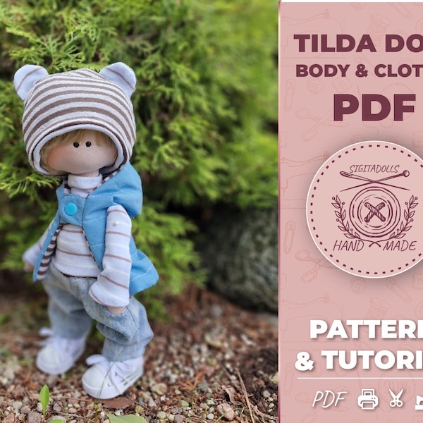 DIY Tilda Rag Doll Boy with Jeans and Vest - Easy PDF Pattern and Tutorial for Doll Body, Clothes, and Sneakers