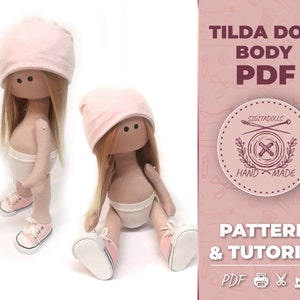 May include: A digital download pattern and tutorial for making a Tilda doll body. The pattern is for a doll with a pink hat and white underwear. The image includes the text "Tilda Doll Body PDF", "Sigitadolls Hand Made", and "Pattern & Tutorial PDF".