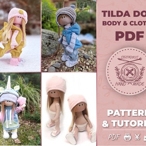 May include: A digital download pattern and tutorial for making a Tilda doll. The pattern includes instructions for making the doll's body and clothes. The image shows four different dolls, each with a unique outfit. The text on the image reads "Tilda Doll Body & Clothes PDF, Pattern & Tutorial, PDF".
