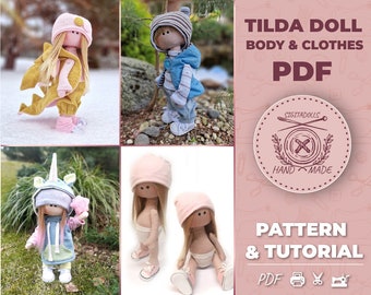 A set of three different Tilda dolls, Body and clothes pattern with shoes. Stylish dragon, Cute unicorn, Fashion Boy