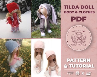 A set of three different Tilda dolls, Body and clothes pattern with shoes. Stylish bunny jumpsuit, Nice tutu skirt, fashion hooded jacket