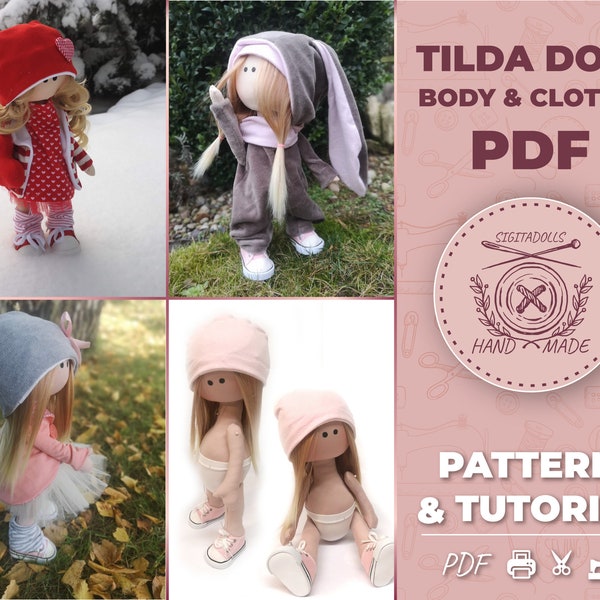 Ein Set von drei verschiedenen Tilda Puppen, Körper und Kleidung Schnittmuster mit Schuhen. Stilvoller Hasen-Overall, Schöner Tutu-Rock, Mode-Kapuzenjacke