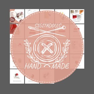 May include: A pink circle with a white outline and a stitched border. The circle contains a white button with an X in the center, two crossed needles, and a wreath of leaves. The text "SIGITADOLLS HAND MADE" is written below the button.