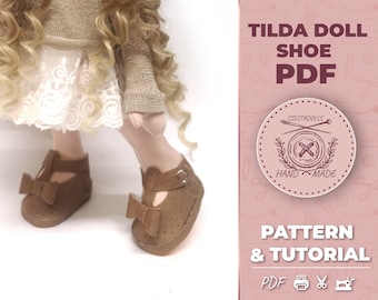 May include: A digital download PDF pattern and tutorial for making Tilda doll shoes. The pattern is for hand-made shoes and includes instructions. The image shows a doll wearing the finished shoes.