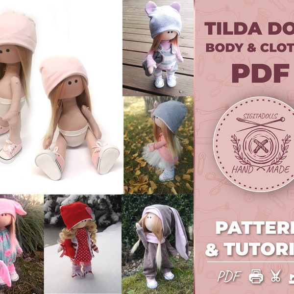 Set von Rag Tilda Puppenkörper mit Kleidung und Schuhen - sofortiger pdf Schnittmuster und Tutorial Download