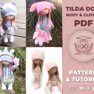 Doll Body and clothes pattern with shoes. A set of three different Tilda dolls. Pdf bunny, bear, unicorn cloth Doll body clothes shoe