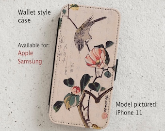 iPhone Case (all current models) - Vintage Japanese Woodblock Illustration - Bird and Camellia - Wallet flip case - Samsung Galaxy S20 - S23