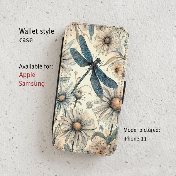 iPhone Case (all current models) - Vintage Dragonfly and Daisies Illustration - Wallet flip case - Samsung Galaxy S20 - S23