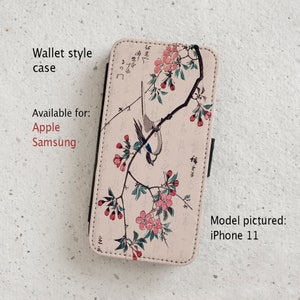 Funda para iPhone (todos los modelos) - Ilustración japonesa vintage - Pájaro y flor de cerezo - Funda tipo cartera - Modelos Samsung Galaxy S20 - S23