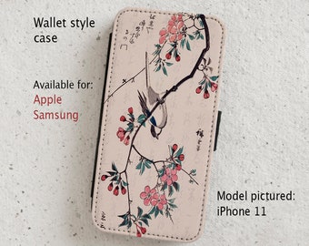 iPhone Case (all models) - Vintage Japanese Illustration - Bird and Cherry Blossom - Wallet flip case -  Samsung Galaxy models S20 - S23