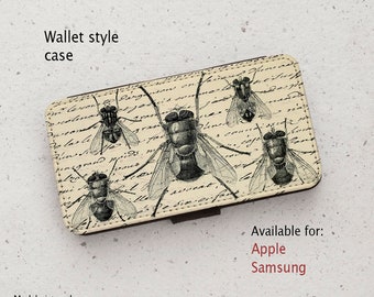 iPhone Case (all current models) - Vintage Fly Illustrations - Wallet style flip case -  Samsung Galaxy models S20 - S23