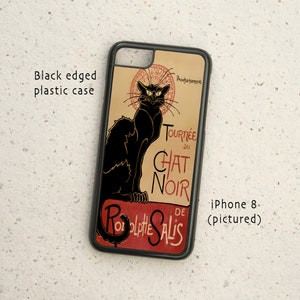 May include: Black-edged plastic iPhone 8 case featuring a vintage poster design. The design includes a black cat illustration with the text "Tournée du Chat Noir" in red and black. The case has a black border.