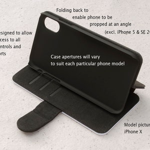 May include: Black leather phone case with a flap that folds back to prop the phone up at an angle. The case is designed to allow access to all controls and ports. The text "(excl. iPhone 5 & SE 2016)" is printed on the case. The model pictured is an iPhone X.