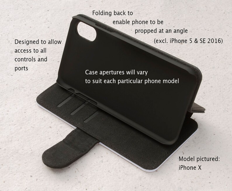 May include: Black leather phone case with a flap that folds back to prop the phone up at an angle. The case is designed to allow access to all controls and ports. The text "(excl. iPhone 5 & SE 2016)" is printed on the case. The model pictured is an iPhone X.