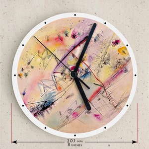 May include: A round wall clock with a white frame and black hands. The clock face features an abstract painting in shades of pink, yellow, blue, and white. The clock measures 8 inches in diameter.