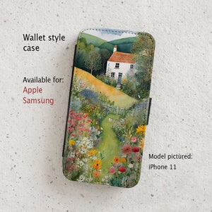 May include: A watercolour illustration of a cottage with a garden path leading to the front door. The cottage is white with a red roof and surrounded by lush green foliage and colourful flowers. The image is printed on a phone case with a wallet style flap.