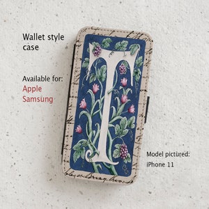 Phone Case - Letter T - William Morris style - Watercolour - wallet flip case - iPhone(all current models) - Samsung Galaxy S20 - S23