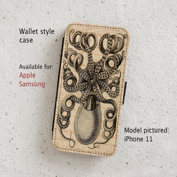 iPhone Case (all current models) - Octopus - Vintage Illustration - Wallet style case - Samsung Galaxy models S20 - S23