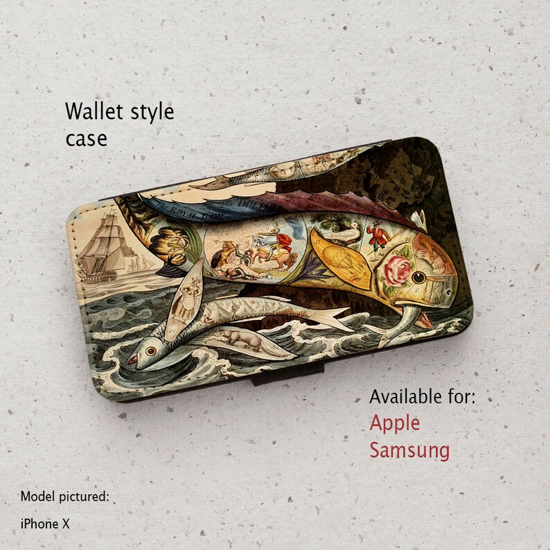 May include: A wallet-style phone case with a colorful vintage illustration of a fish with smaller fish swimming around it. The case is available for Apple and Samsung phones. The model pictured is an iPhone X.