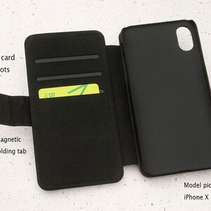 May include: Black leather phone case with a magnetic folding tab and three card slots. Model pictured: iPhone X.
