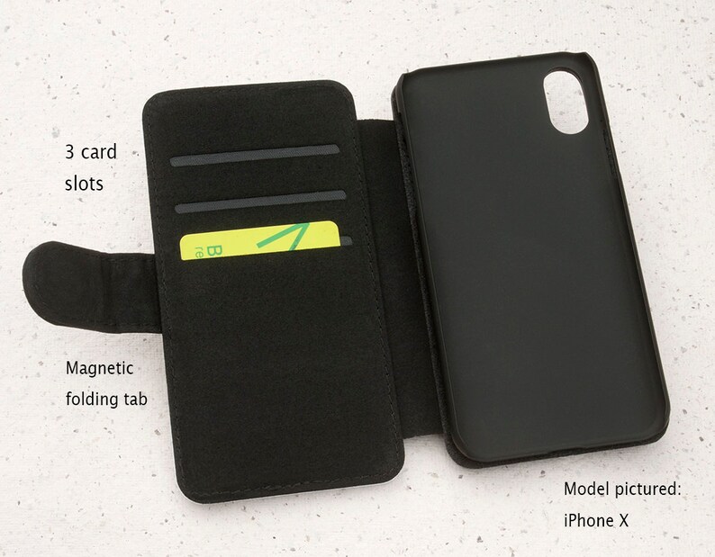 May include: Black leather phone case with a magnetic folding tab and three card slots. Model pictured: iPhone X.