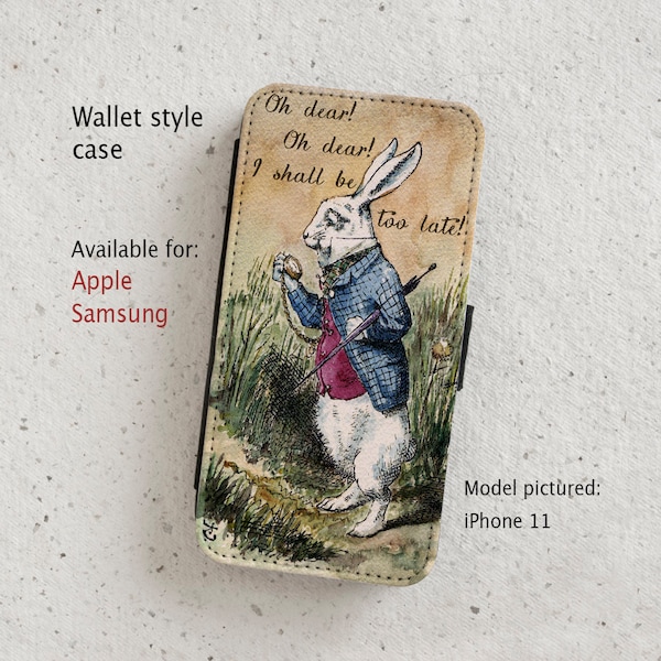 iPhone Case (all models) - White Rabbit - Alice in Wonderland - Vintage illustration - Wallet flip case -  Samsung Galaxy models S20 -S23