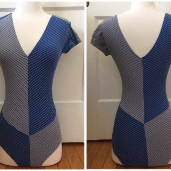 Vintage 1980's Flexatard Leotard / Bodysuit / Blue Grey Stripes / Epaulets with Anchor Buttons / Body Design by Gilda Los Angeles