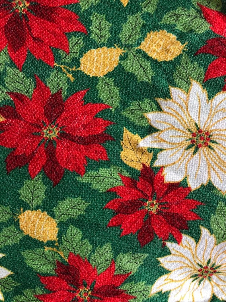 Vintage Christmas Tree Skirt with Red and White Poinsettias and Pinecones