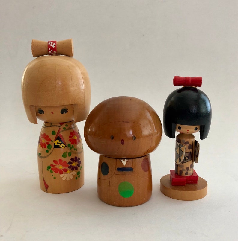 Vintage Japanese Wood Kokeshi Dolls Set of Three | Etsy