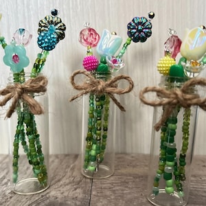 Mystery Beaded Flower Bouquet  in a Vase, 5 Surprise Blooms, Floral Arrangement, Handmade Surprise, Whimsical Flowers, Floral Gift Bouquet,