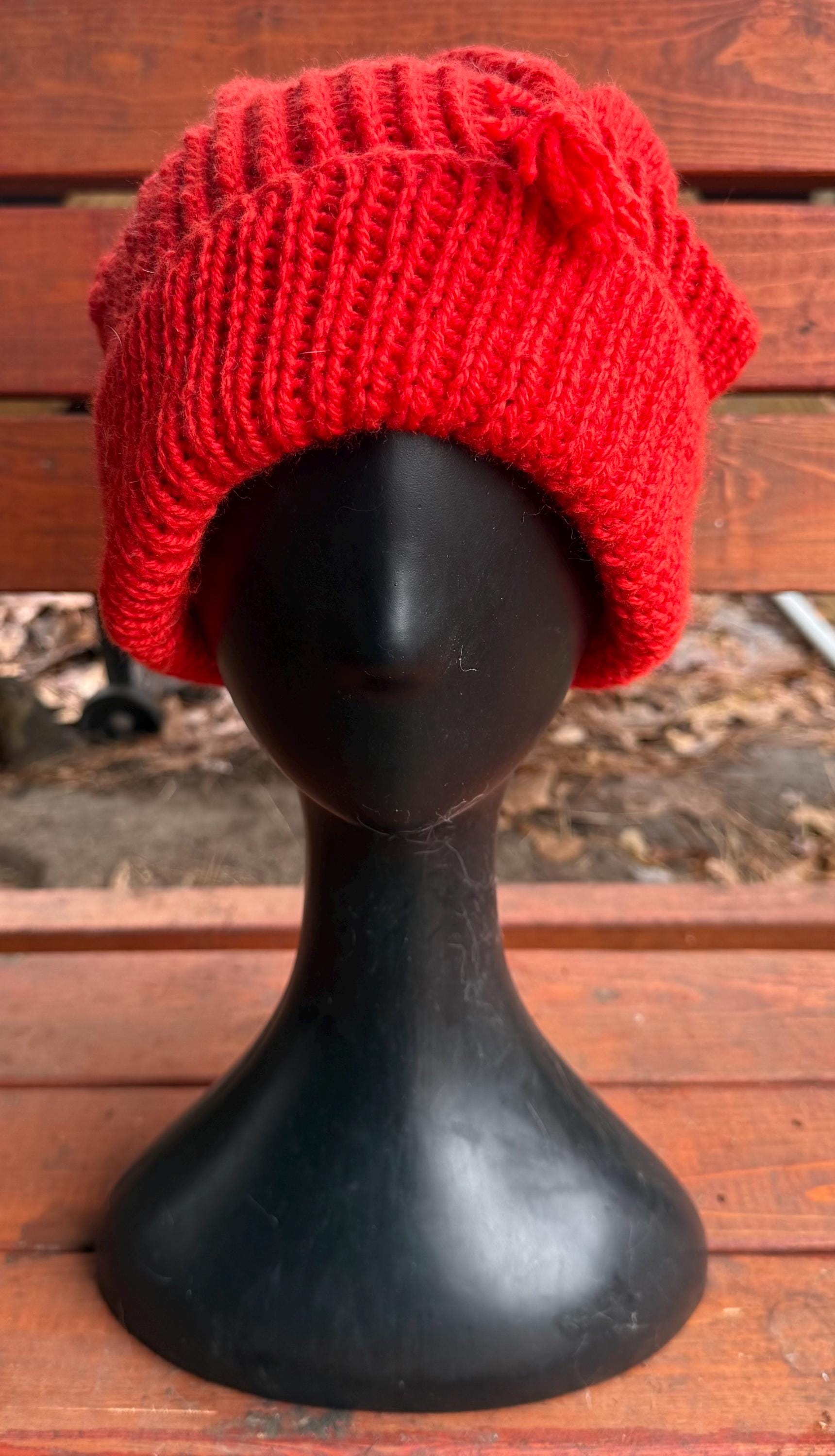 Vintage 80\'s 100% Wool Hat By Poppy Gall Red Knit Embroidered Floral Adjustable FLOWER Cashmere hand-knitted hat with a fold and fur pom-pom main image 3