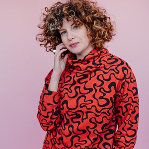 Funnel Neck Pullover in Orange Squiggle Print image 1