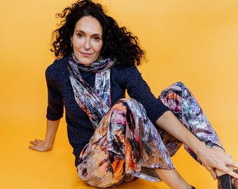 High Waisted Straight Leg Velvet Trousers in Grey Abstract