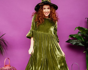 Velvet Ruffle Smock Dress in Olive Green