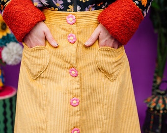 Corduroy Button Front A-Line Skirt in Yellow