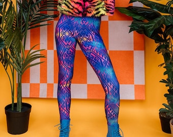 Öko Leggings mit blauem Azteken Muster