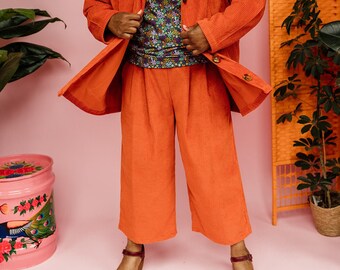 Pleated Culottes in Orange Corduroy