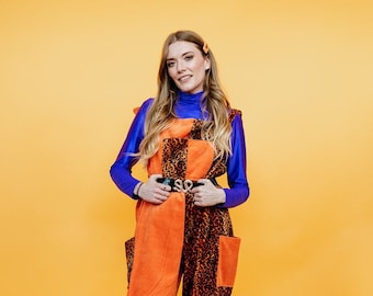 Cord Clash Dungarees in Orange Leopard Print